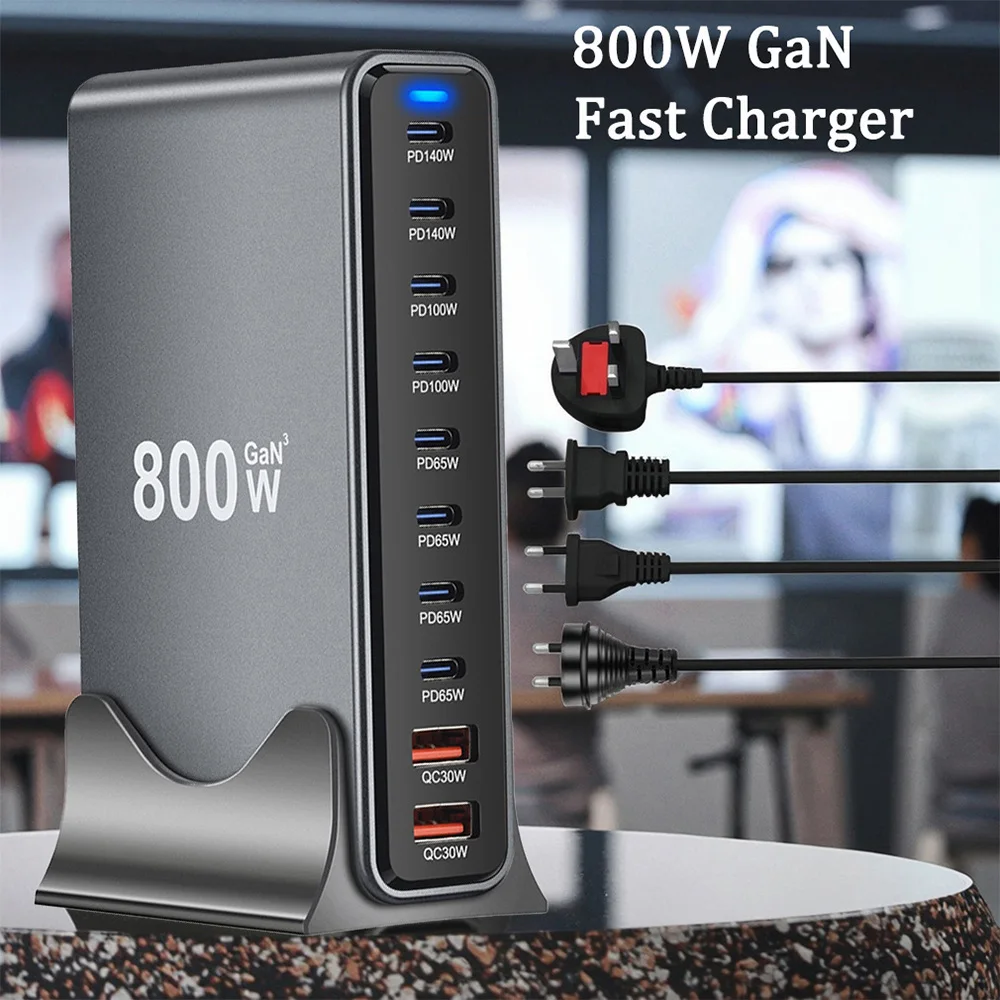 800W GaN 10 Ports Fast Desktop Charger PD3.1 PPS USB C Type C Fast Charging Station Adapters for iPhone Samsung Xiaomi Huawei