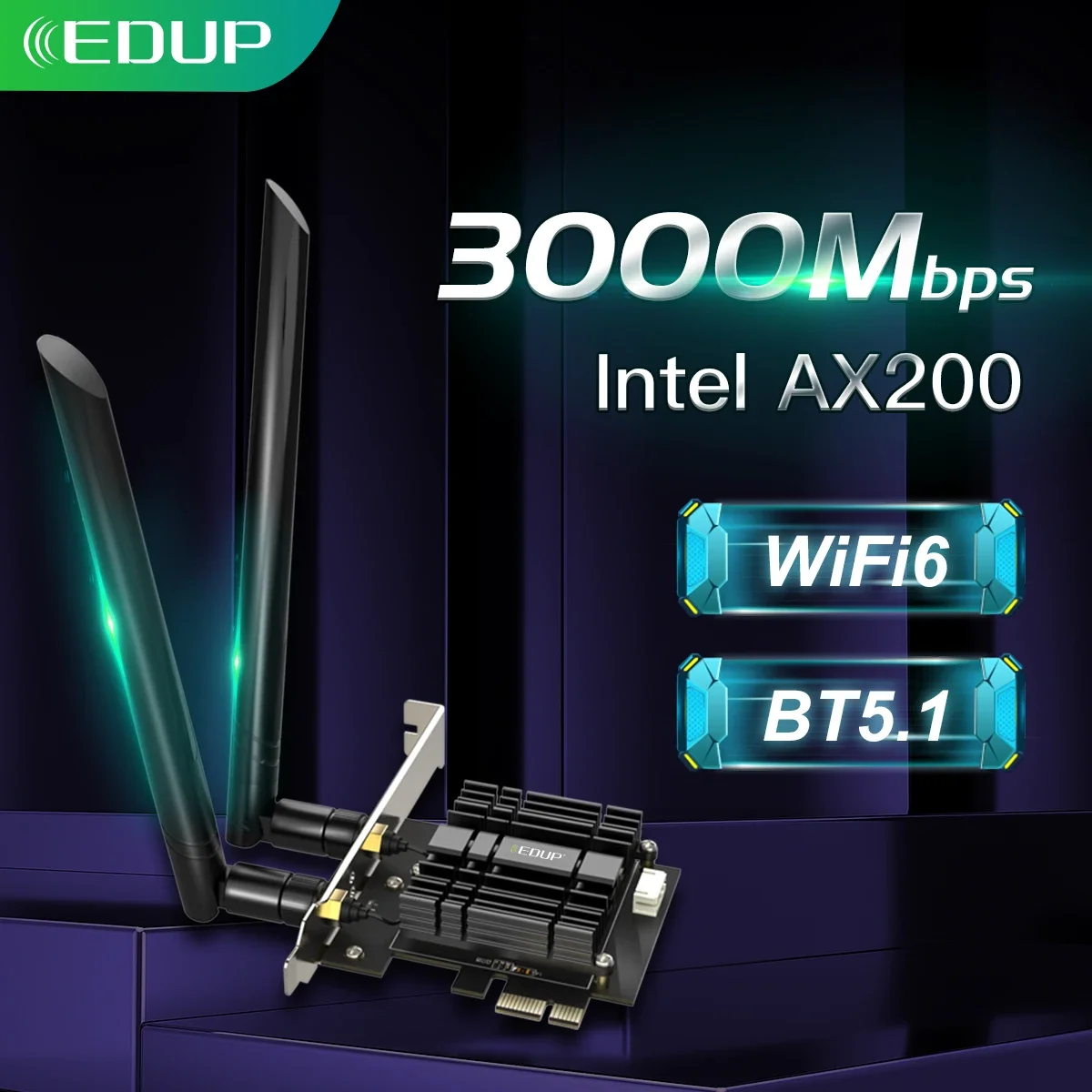EDUP 2974Mbps WiFi 6 PCIE อะแดปเตอร์ไร้สาย WiFi บลูทูธ 5.1 Intel AX200 Dual Band 2.4G/5 GHz PCI Express 802.11AX การ์ด Wi-Fi