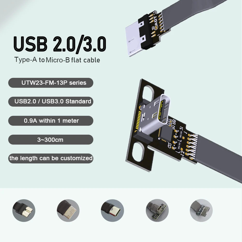 Micro USB Ribbon Cable USB 3.0 Type-c Female To Micro-B Male FPV Flat Extension Thin Cable USB C Fold 90 Aerial Photography Cord