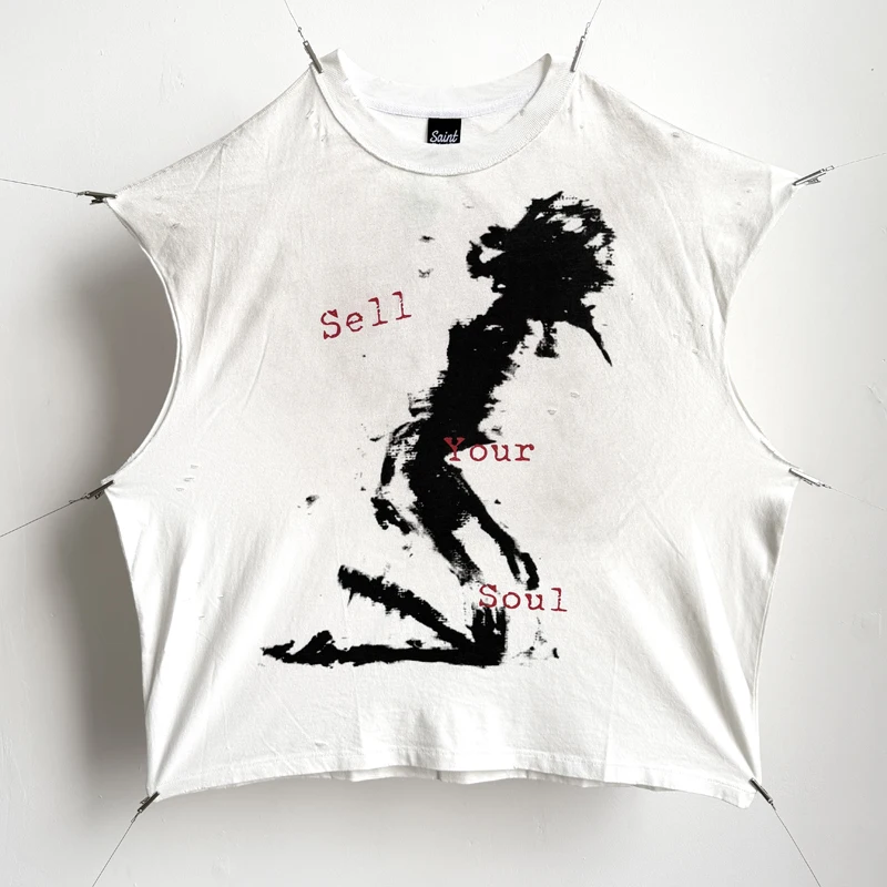 

Sell Your Soul Saint Spray Dirty Sleeve Cut T Shirt Men Women Casual Hip Hop Hole Damaged Back Big Red Cross Graphic Tank Tops