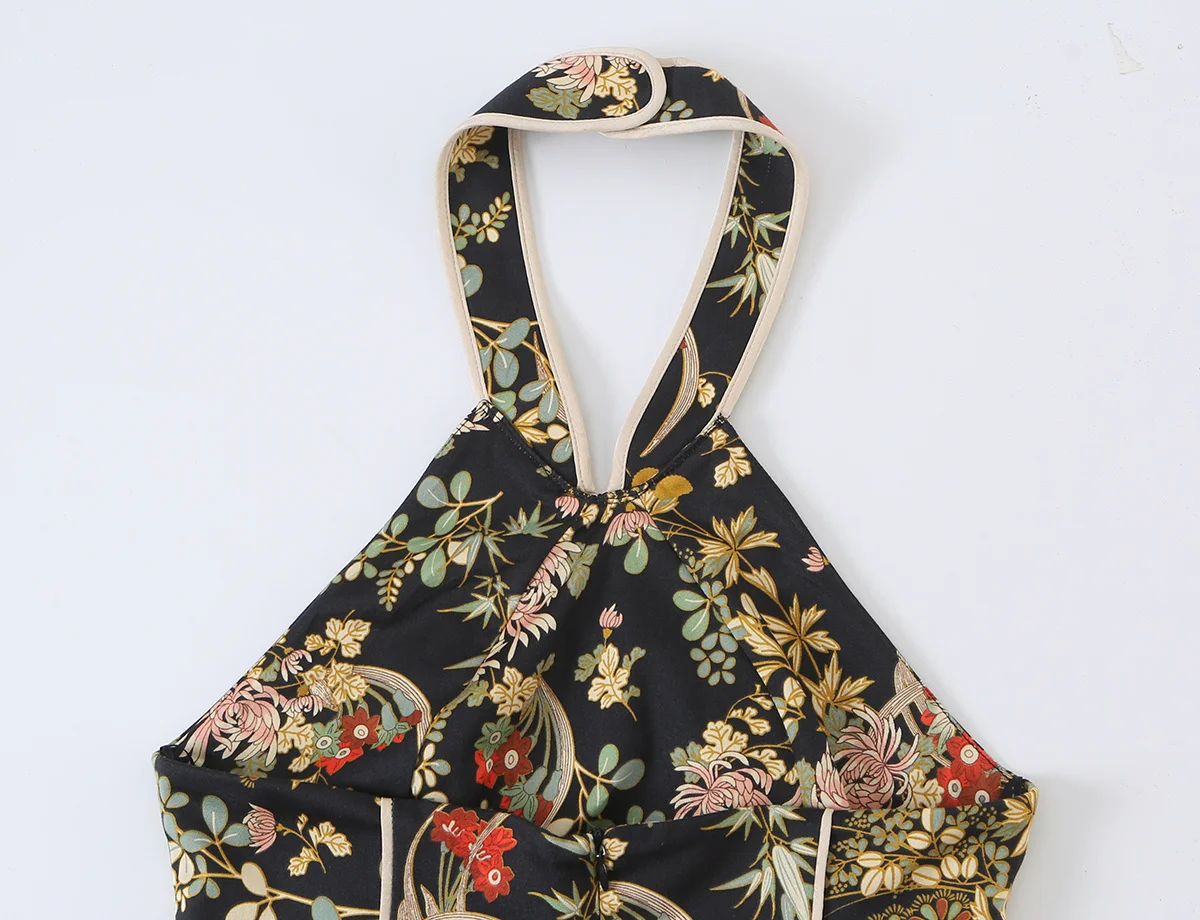Elegantes Damenkleid mit Neckholder-Ausschnitt, ärmellos, mit Blumenmuster, Midi-Länge, chinesischer Stil, figurbetontes Kleid, modisches, sexy, rückenfreies Damenoutfit. – Detail 9