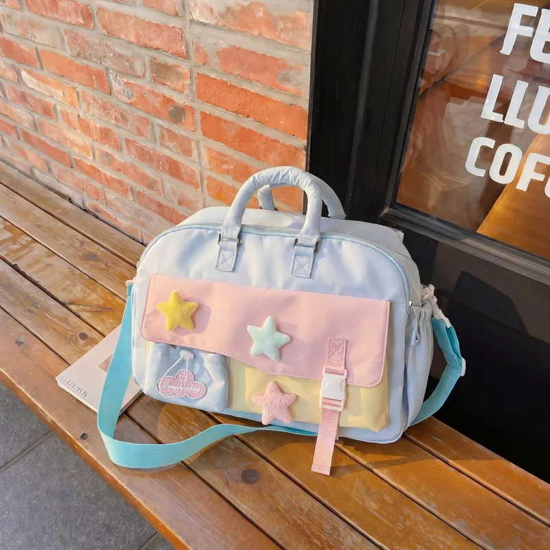 Japanese Color Block Star Handheld Travel Bag Cute Large Capacity Crossbody Bag Student Daily Storage Bag Short Trip Duffel Bag