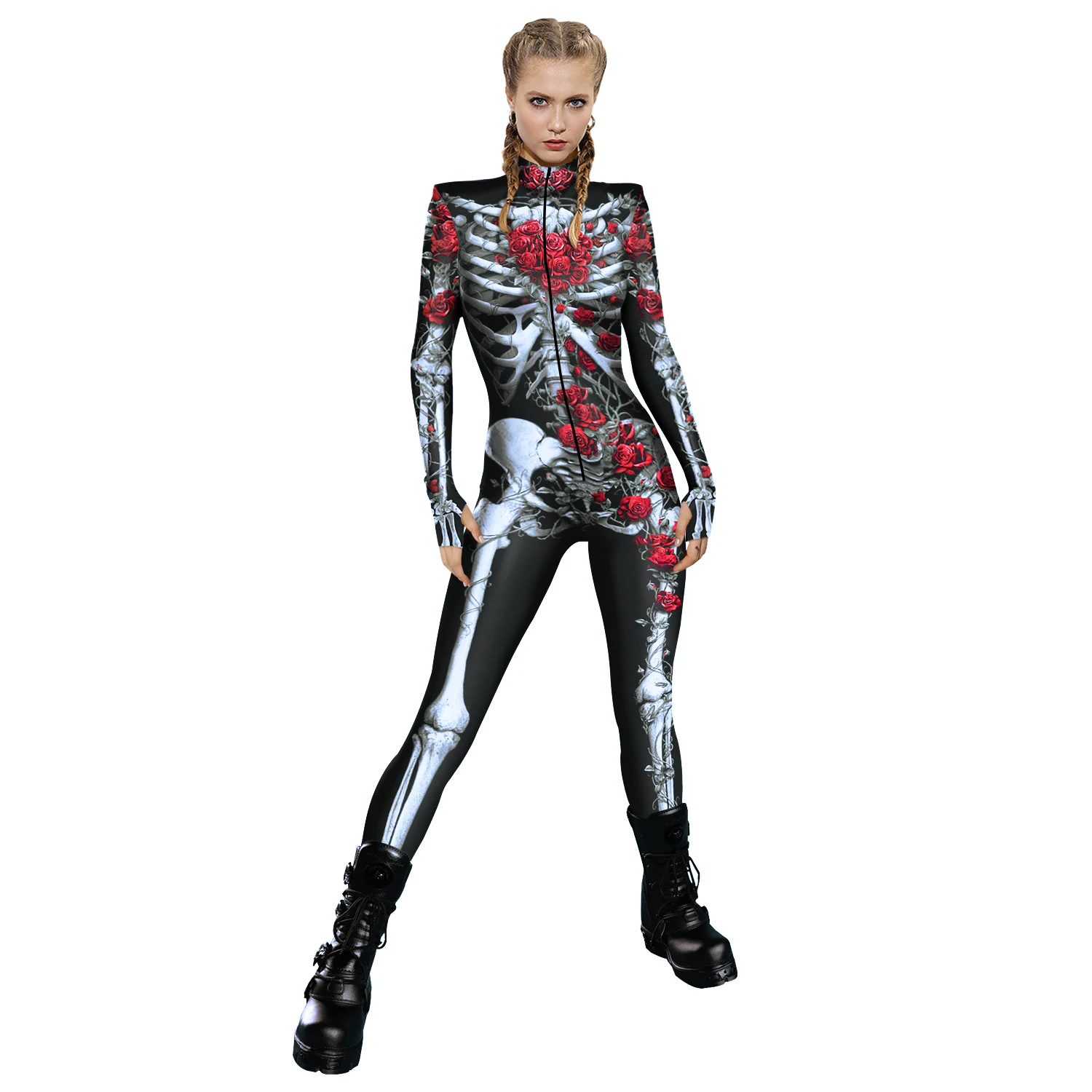 Ladies Snake Pattern Skeleton Rose Punk 3D Jumpsuit Catsuit Sexy Women Cosplay Costumes Zentai Female Halloween Party Bodysuit