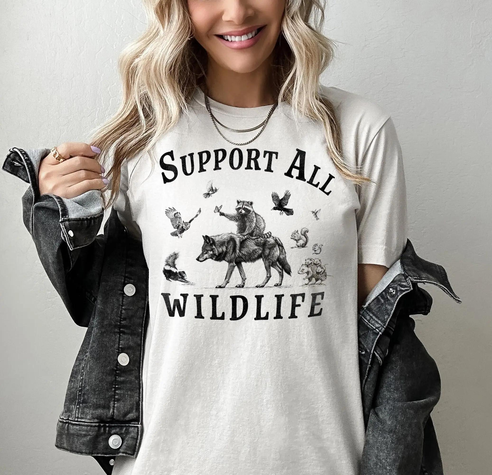 Support All Wildlife Vintage Inspired T Shirt Animal Lover Wolf Raccoon Eagle Possum Squirrel Crow