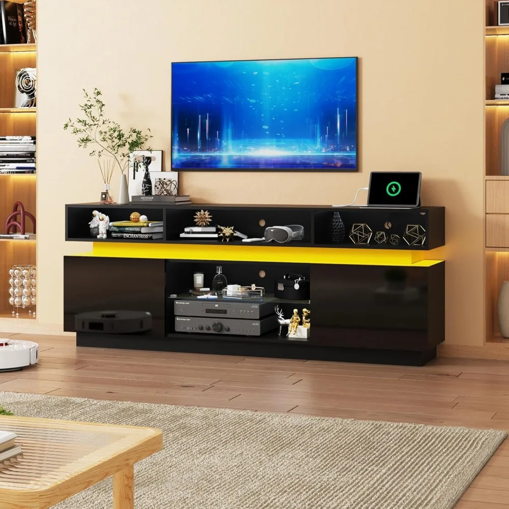 حامل تلفزيون LED لتلفزيون 80 بوصة، مركز ترفيه حديث شاهق مع مقبس طاقة، حامل تلفزيون عالي اللمعان
