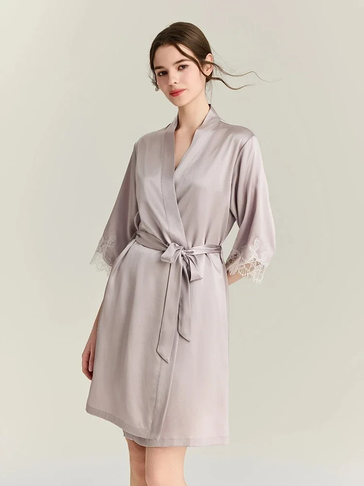 

22MM 100% Mulberry Silk Robe Gown Sets Lace Trim Sexy Kimono Robes Nightdress Suit V Neck Bathrobe with Nightgown Homewar PJS