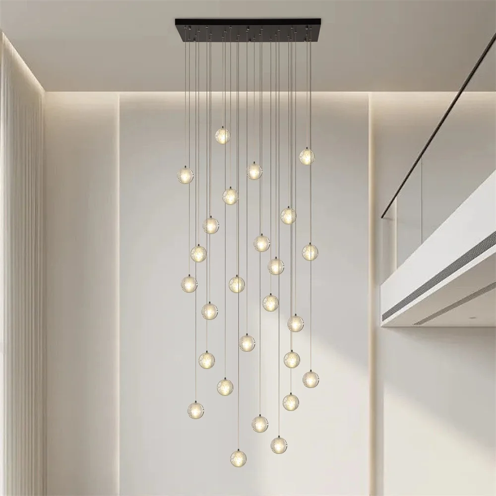 

Modern Linear High Ceiling Chandelier Staircase Light Bubble Crystal Orb Pendant Chandelier Long Hanging Light Fixture for Foyer