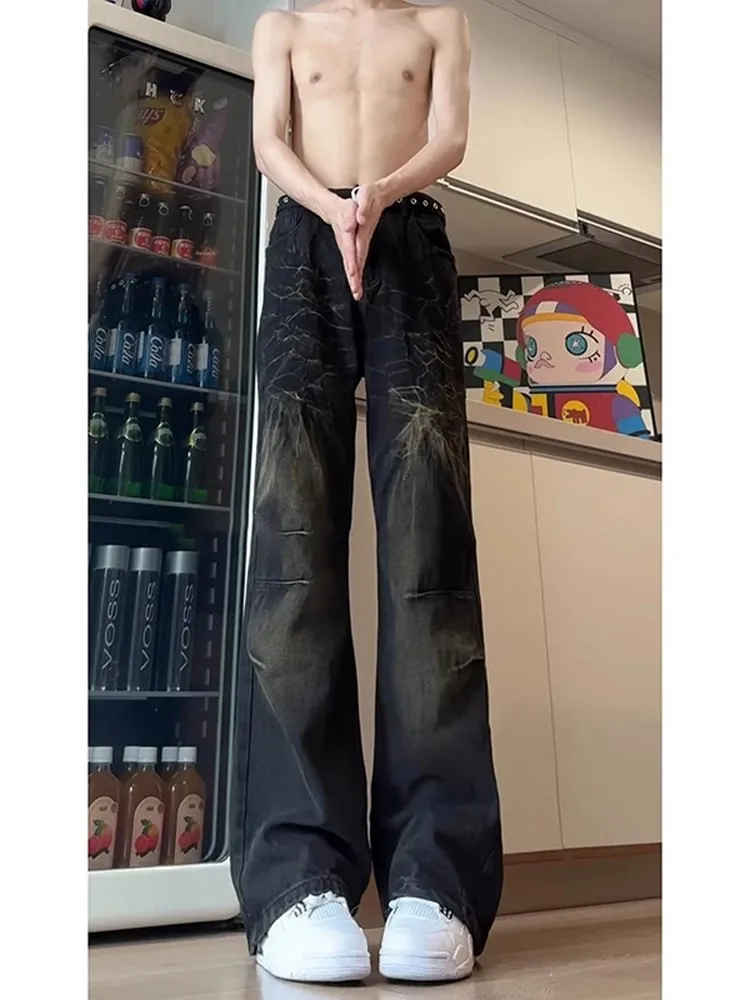 

Slimming Straight Leg Jeans mid Waist Lift Tapered Cuffed Jeans Men's Women's Water Washed American Vibe Lightning Pattern Kn...