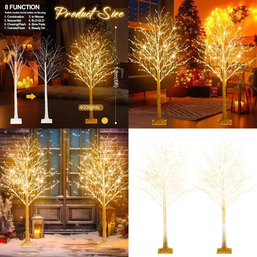 

Березовая елка со светодиодной подсветкой 6 футов 400, 8 режимов, теплые белые огни, рождественский декор для дома и улицы, праздник на День Благодарения