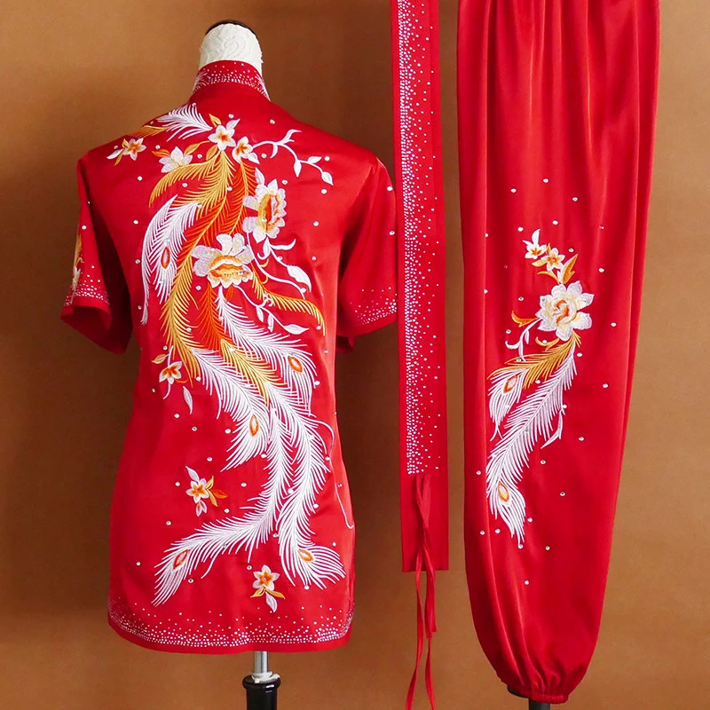 Embroidered Martial Arts Wushu Uniform Women Red Frog Button Competition Performance Suit Adult Kung Fu Practice Costume Custom