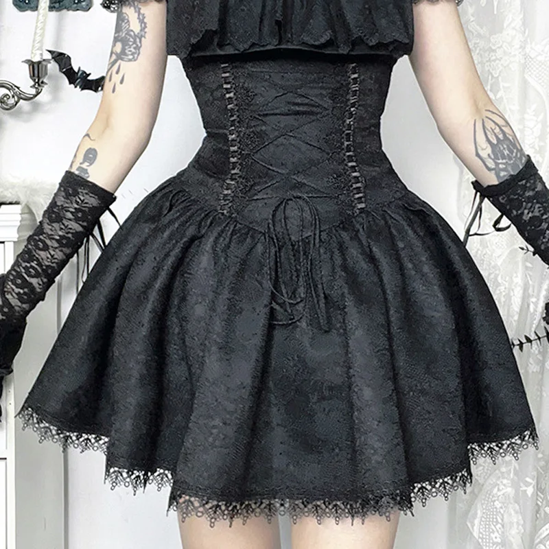 2025 subculture Y2K Lolita Gothic style slim fit Lace Strap Waist Mini Short Skirt for Womens