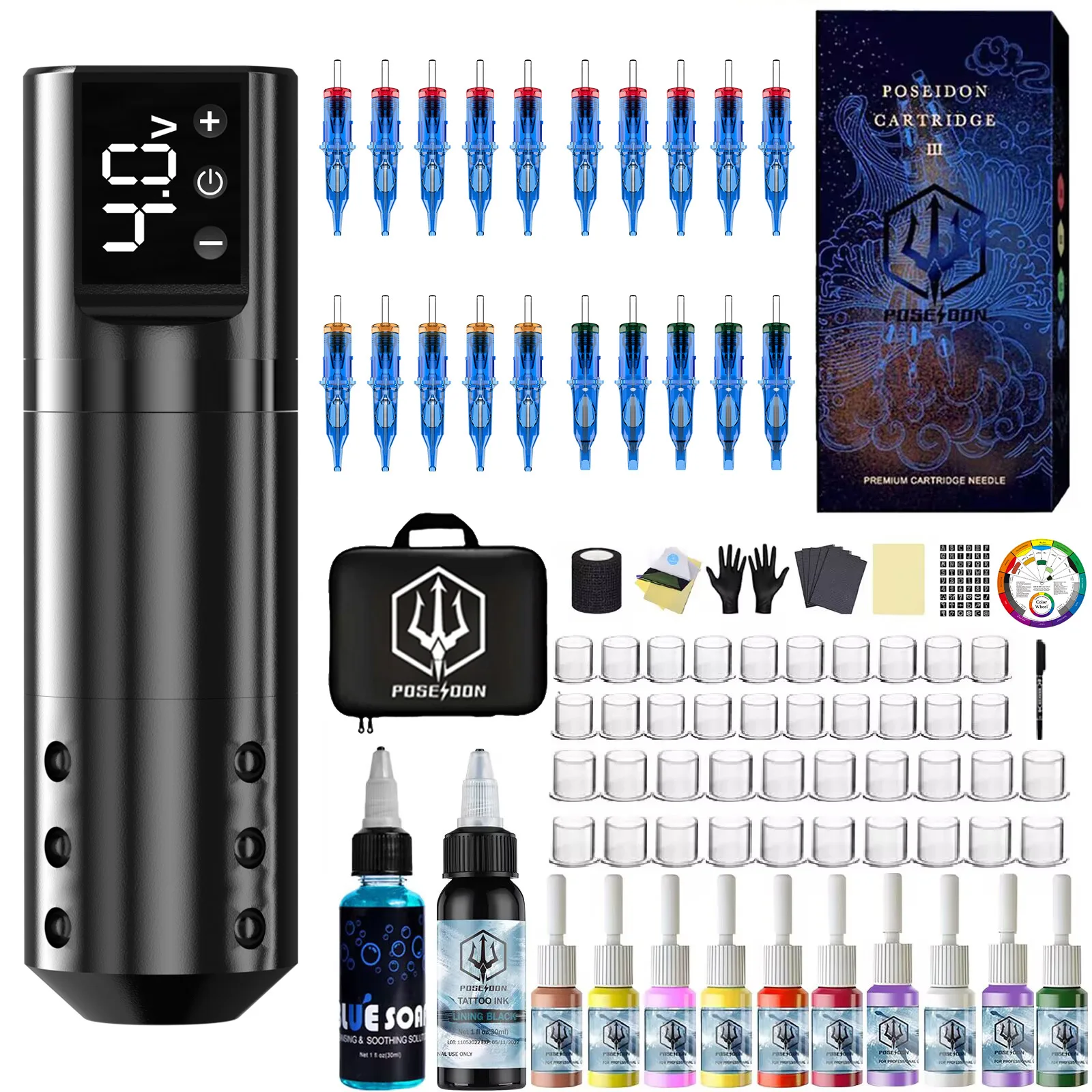 

Tattoo Kit POSEIDON Lightweight Tattoo Pen Kit For Permanent Makeup Tattoo Machine Kit Black Hot Tattoo Power Supply Tattoo Kit