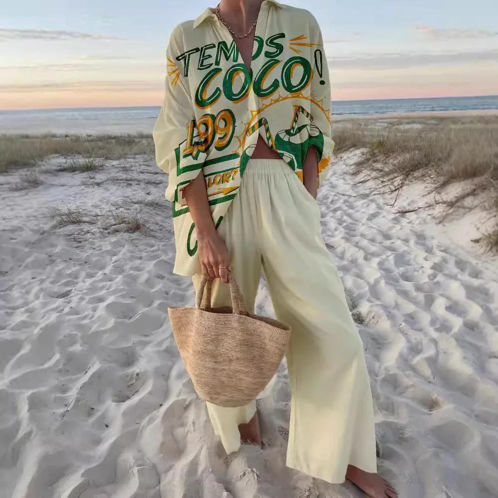 Vintage Print Pants Sets Women Loose Long Sleeve Shirt Wide Leg Trousers Two Piece Set Female Summer Fashion Trend Streetwear