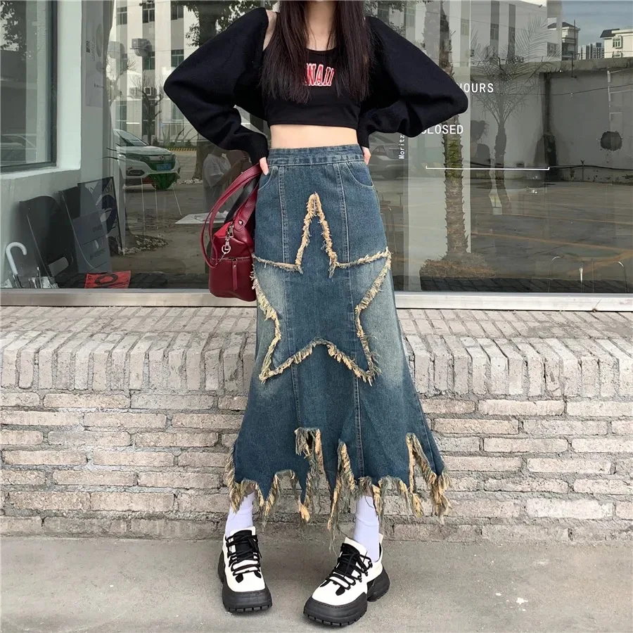 

Y2K Women Korean Fashion Harajuku Star Denim Midi Skirt Gothic Grunge Woman Long Jeans Skirts Emo Clothes w689