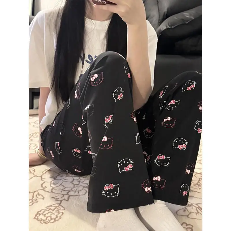 

Милые пижамные штаны Hello Kitty для девочек, хлопковые, свободные, с высокой талией, прямые, для дома, весна-лето, комплект для сна Sanrio