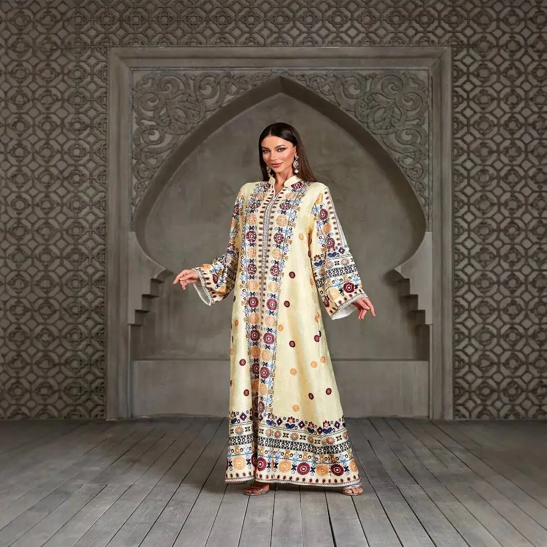 

Элегантное мусульманское платье-абайя с этническим принтом, расшитое бисером, для банкетов, женская одежда, абайя для Рамадана, Дубай, роскошное исламское платье