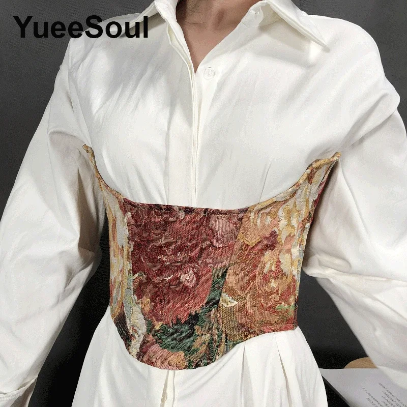 Floral Embroidery Women\'s Corset Belt 16cm Vintage Sweet Cute Women Cummerbund 2023 Waistband Decorative Corset Belt for Women