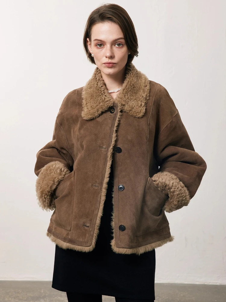 

High-end Luxury Merino Sheep Fur Suede Jacket Women Simple Double-sided Wear Short Winter Genuine Leather Real Fur Lamb Fur Coat