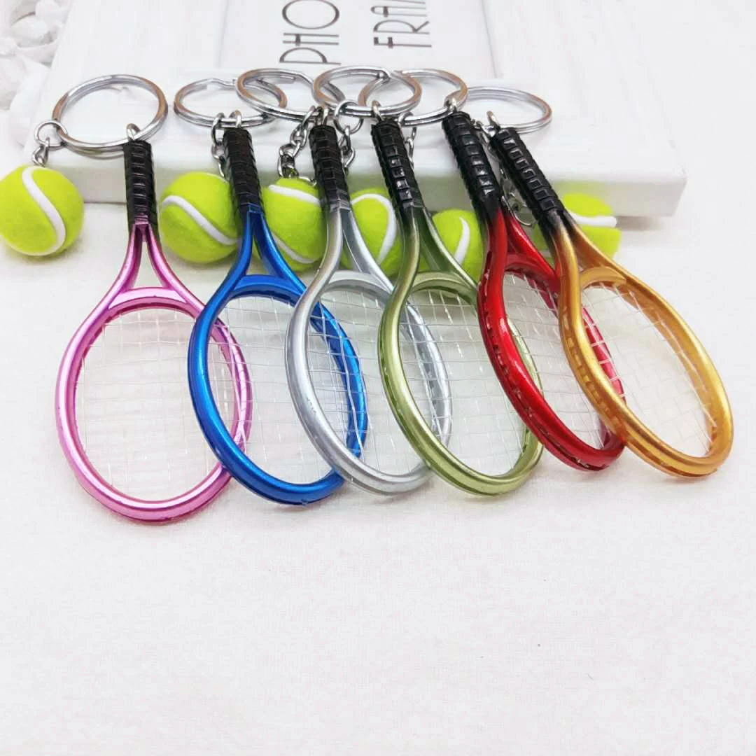 12Pcs Mini Exquisite Lightweight Tennis Racket Racquet Ball Keychains Key Rings Sport Style Split Keychains