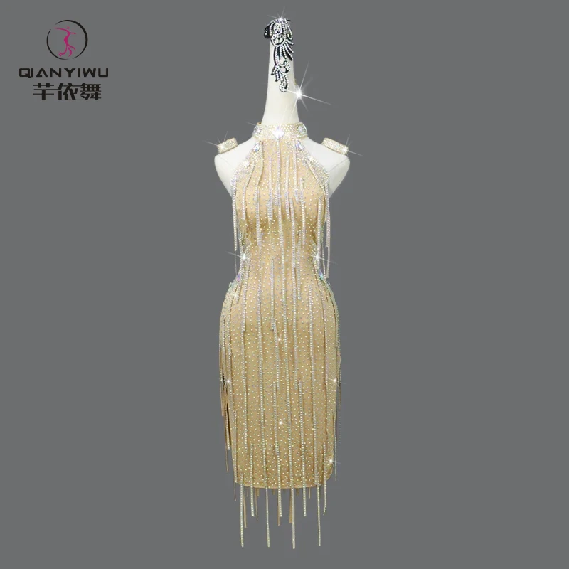 New Latin Dance Dress Stage Performance Clothes Crystal Diamond Line Suit Women Party Ballroom Sexy Clothes Fringed Skirts Girls