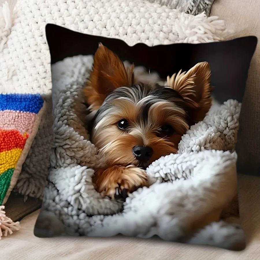 Yorkshire Terrier Bedruckter Polyester-Kissenbezug, quadratischer Kissenbezug, dekorativer Kissenbezug, Heimdekoration, antiker Stil