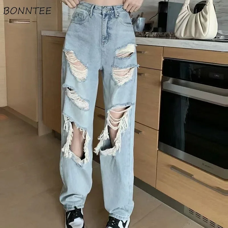 Jeans for Women Full Length Vintage Straight Holes High Street Chic Korean Summer High Waist Washed Distressed Casual Hot Girls