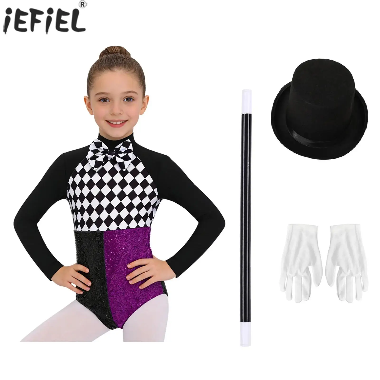 Kids Girls Circus Magician Mad Hat Costume Checkerboard Bow Tie Sequin Bodysuit with Top Hat Gloves for Halloween Carnival Party