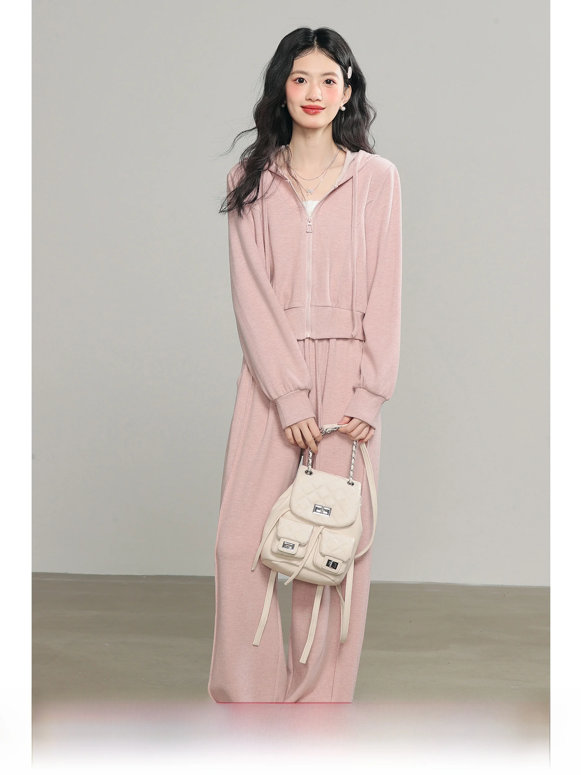 

Комплект Lingjiu 2025: женский повседневный худи и брюки-палаццо, розовый, свободный крой, осенний модный образ, комплект из двух предметов, длинный рукав, молния