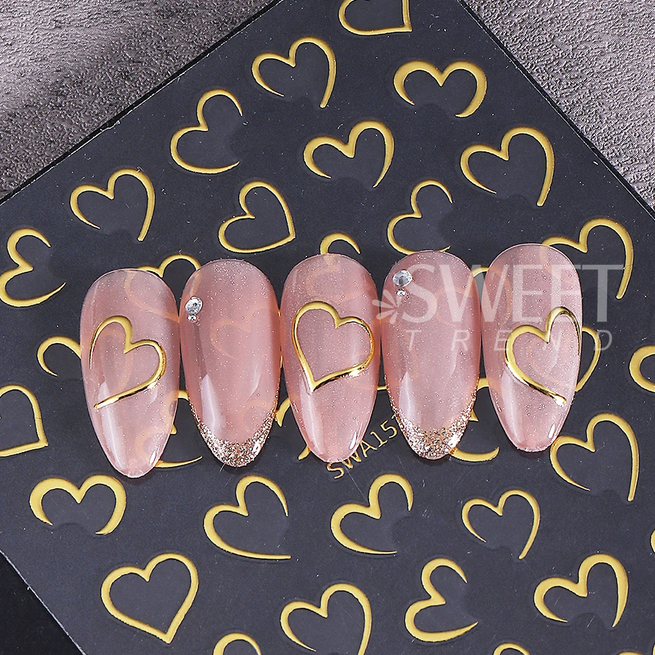 3/4pcs Bronzing Love Heart Nail Stickers 3D Half Love Lines Design Nail Decals DIY Adhesive Slider Valentine Manicure Decoration