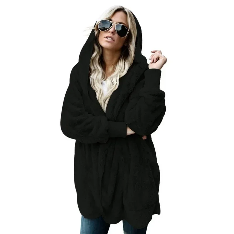 Winter Doppel Fleece Strickjacke Jacke Herbst Frauen Einfarbig Langarm Plüsch Warme Mit Kapuze Dame Jacke Übergroßen Oberbekleidung Mantel – Detail 6