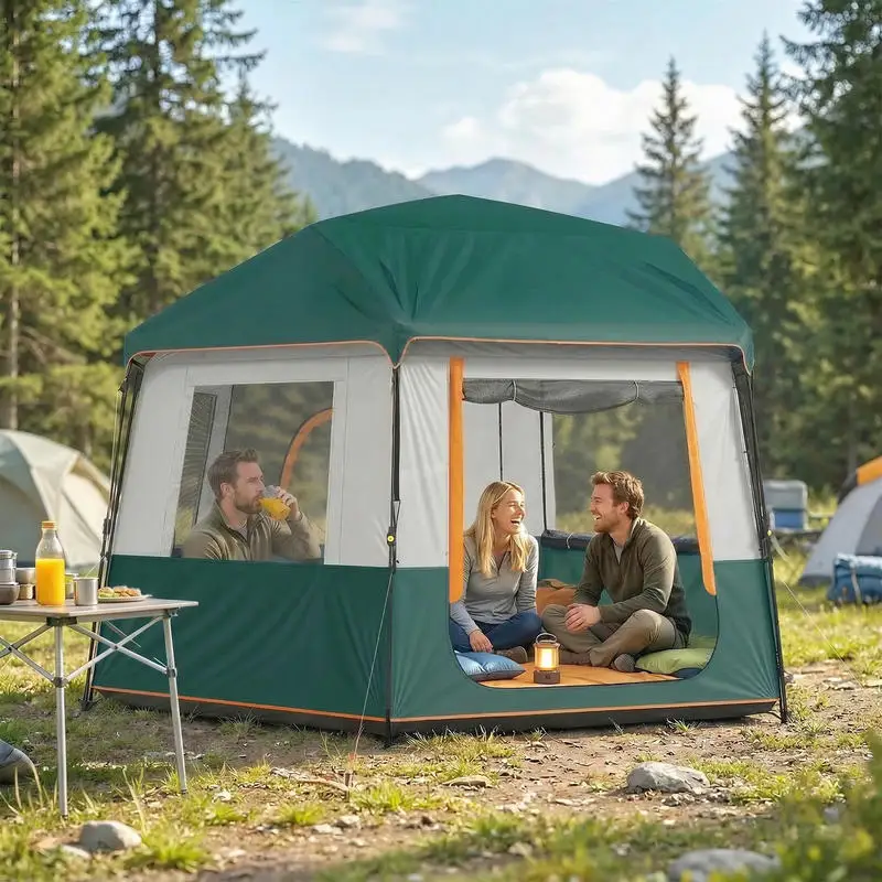 Grünes Familien-Campingzelt für 4–6 Personen, 350 x 350 x 205 cm, 3000 mm wasserdicht, UV30+-Schutz, abnehmbare Dachabdeckung, stabiles Gestell, schneller Aufbau, windfest, für Camping, Outdoor,