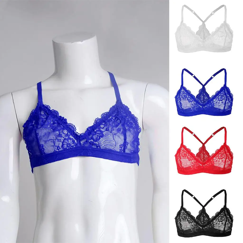 Sissy Lace Mens Bras Smooth Ladyboy Cross Bra Top Lingerie Underwear - White, as