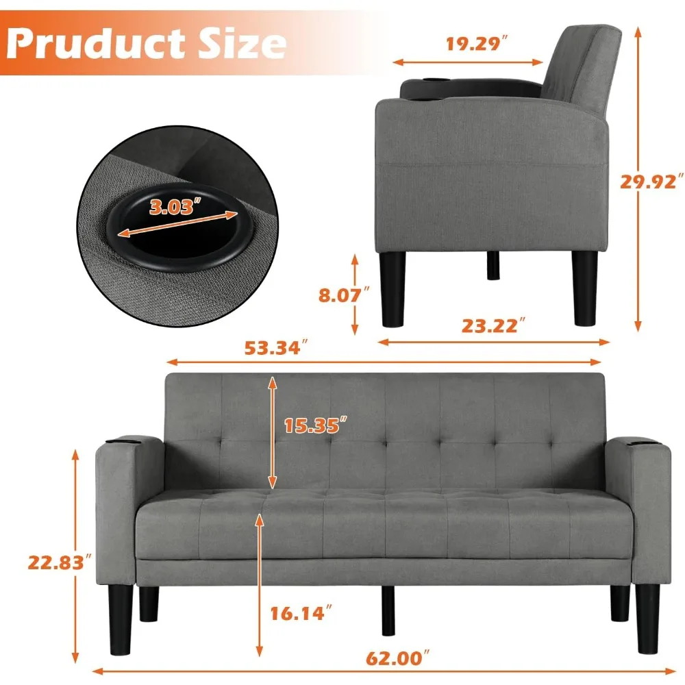 مقعد Loveseat من قماش الكتان معنقدة حديثًا مع منافذ USB وحاملات الأكواب وجيوب جانبية للجلوس المريح