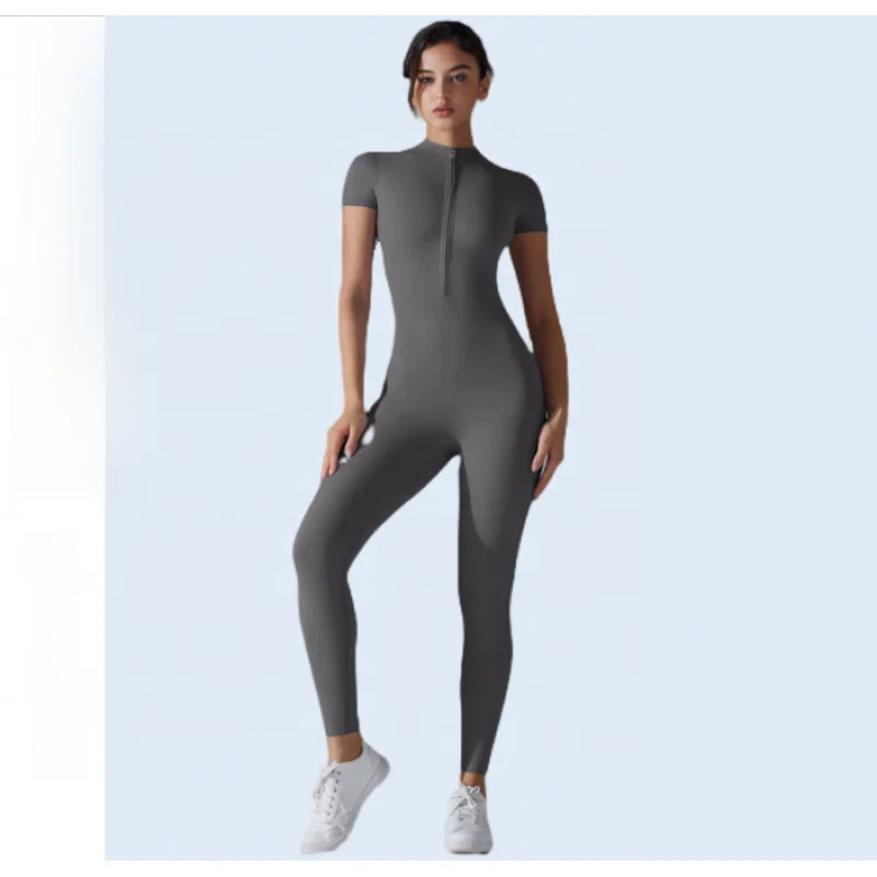 جديد نايلون قطعة واحدة ارتداءها المرأة سستة قصيرة الأكمام النشطة دعوى الرقص اللياقة البدنية ملابس رياضية ضيق مفتوح طوق اليوغا حللا #1