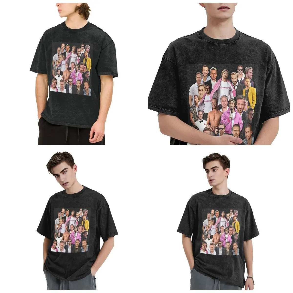 Streetwear T-Shirts High Quality Ryan Gosling Photo Collage Washed T Shirt Short Sleeve Hip Hop T-Shirt Tops Tees for Men Women