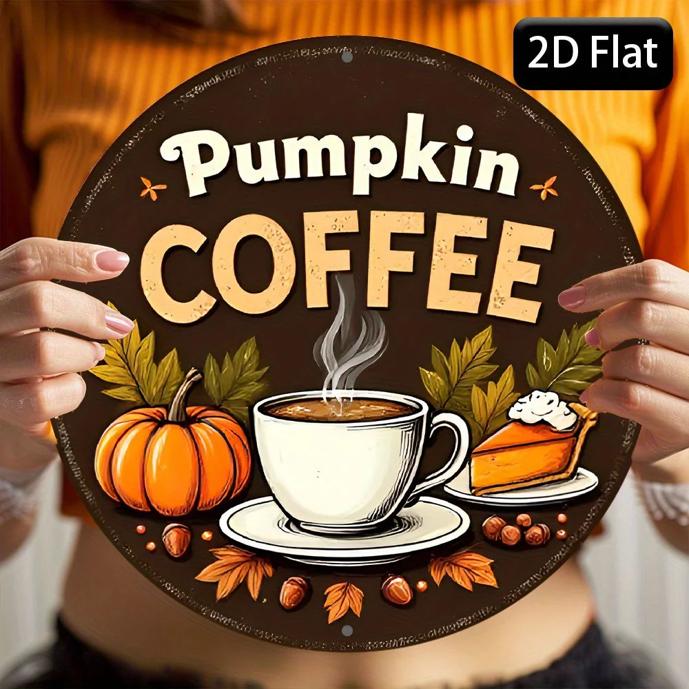 2D Flat, 1pc Cozy Autumn Vibes Pumpkin & Coffee Wreath Sign - Round Aluminum Wall Decor with 