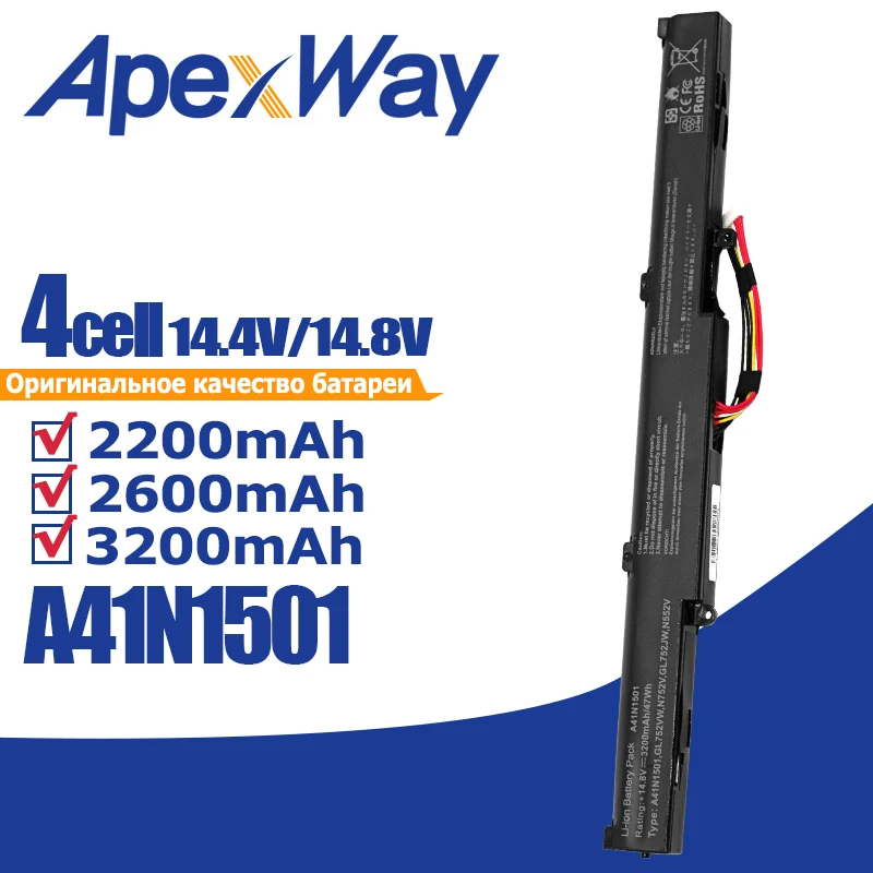 Apexway A41N1501 Laptop Battery for ASUS GL752JW GL752 GL752VL GL752VW N552 N552V N552VW N752 N752V N752VW N752VX A41LK9H