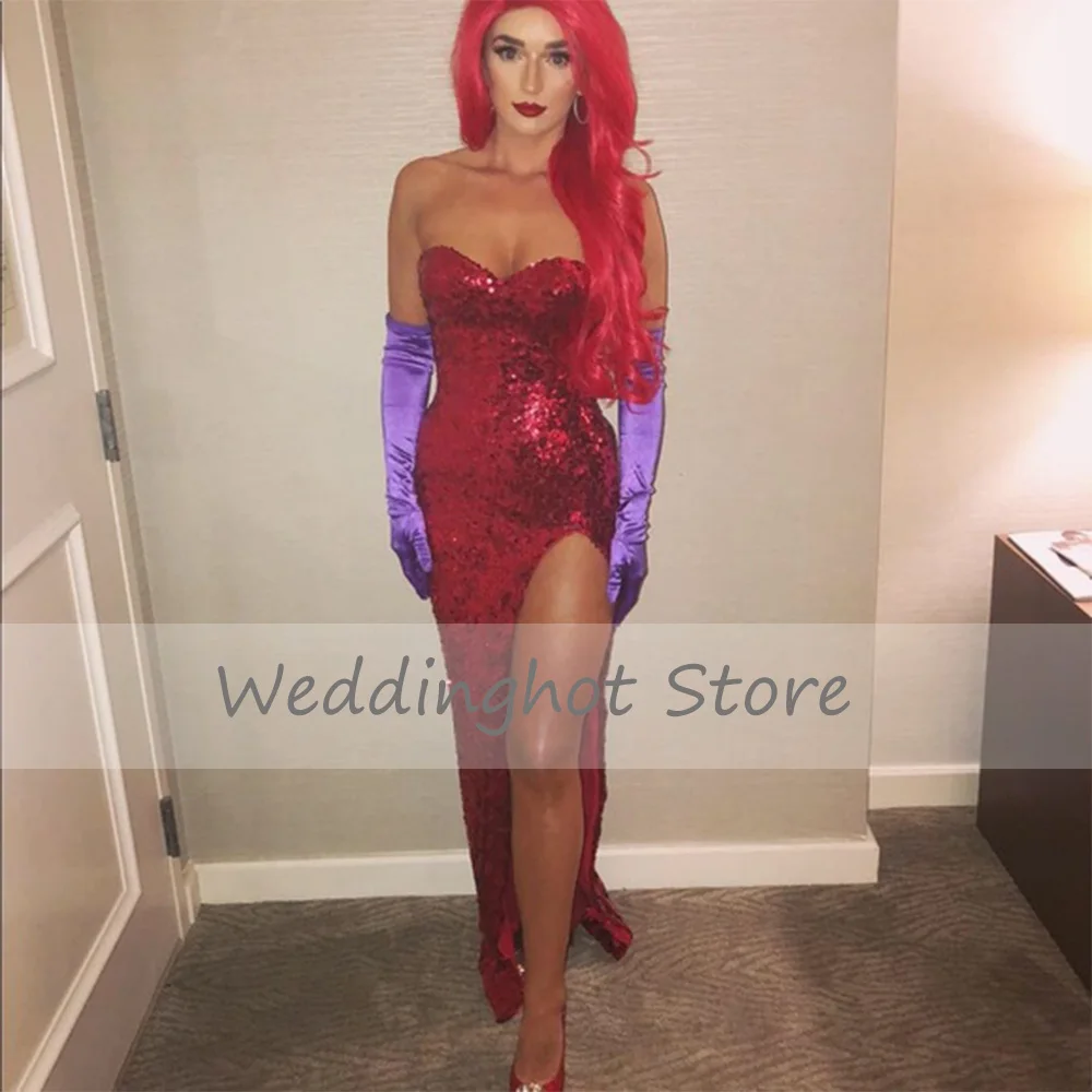 Sexy jessica rabbit traje halloween celebridade vestido para as mulheres querida lado fenda sereia vestido de baile lantejoulas vestido de festa longo