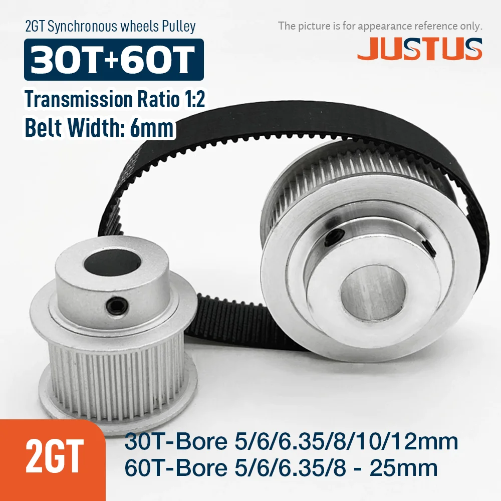 2GT 30T:60T BF Type Synchronous Pulley Belt Kit 1:2 Reduction Ratio Mechanical Transmission Assembly Bandwidth 6mm Belt