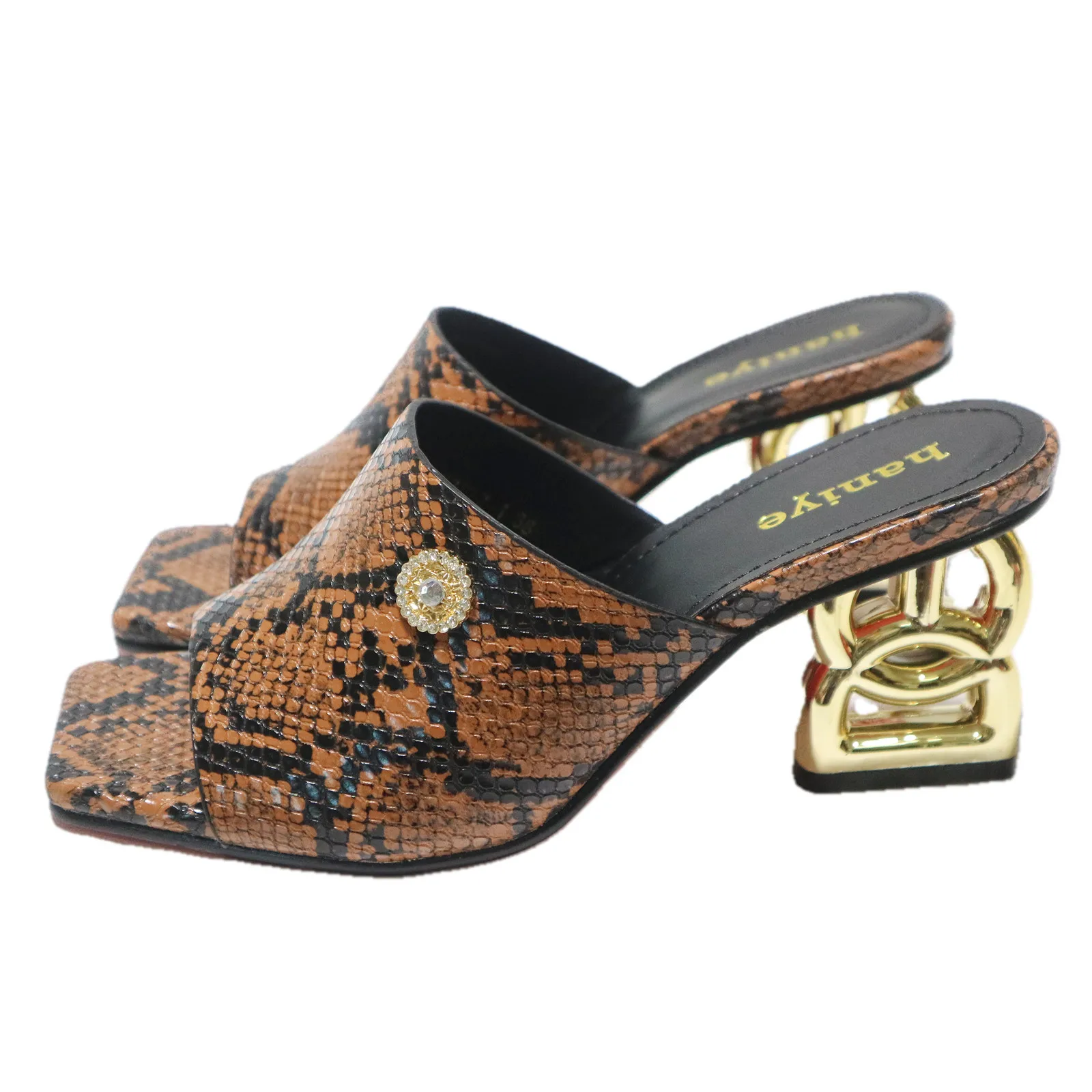 Dress Party Sandals Matching Sneakskin Pattern Handbag Open Square Toe Chunky Heels With Wooden Handle Bag Shoes And Bag Set