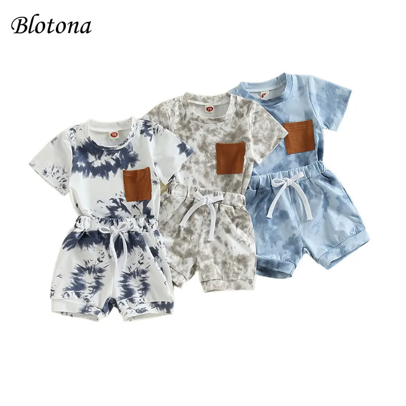 

Blotona Baby Boys Summer Clothes Outfits Tie-Dye Print Crew Neck Short Sleeve Pocket T-shirt Tops and Shorts 2Pcs Suit 0-3Years