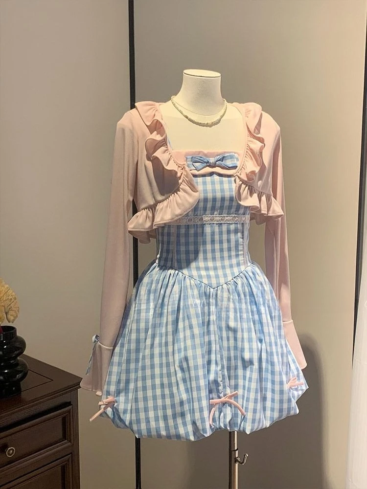 

Summer Woman Sweet Fashion Set Spicy Girls College Bow Grid Splicing Flower Bud Skirt + Casual Short Cardigan japanese style