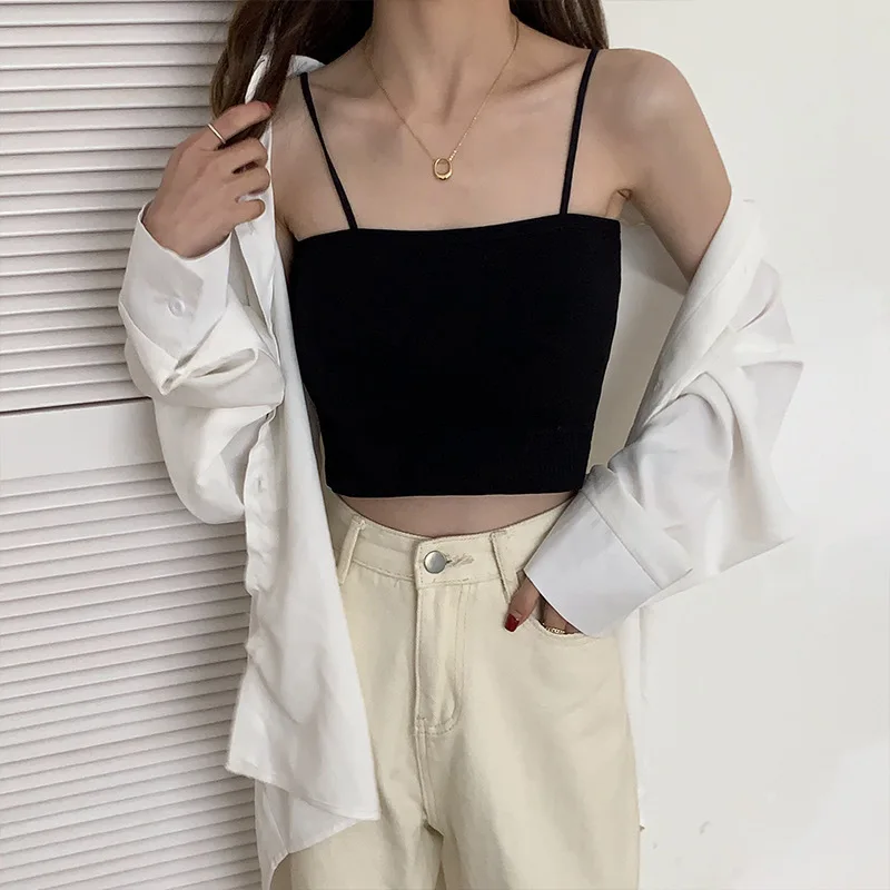 Women Contrast Trim Cami Top Square Neck Crop Top Ribbed Bralette Tube Top Removable Pads Thin Spaghetti Straps