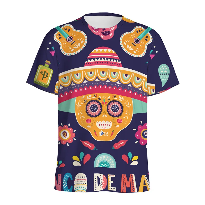 

Day Of The Dead Pattern T-shirt For Men Colorful Mexican 3D Printed T Shirt Tops Short Sleeves Summer Streetwear Round Neck Tees