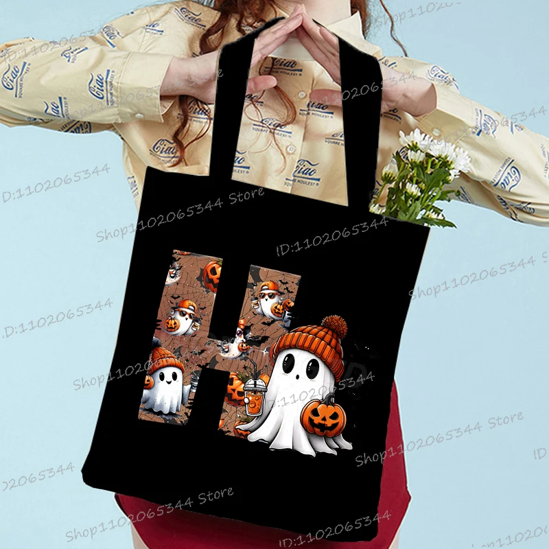 

Модные женские сумки с алфавитом Боу на Хэллоуин, винтажные сумки с рисунком призрака, жуткий сезон, английская буква A-Z, повседневная подростковая сумка на плечо