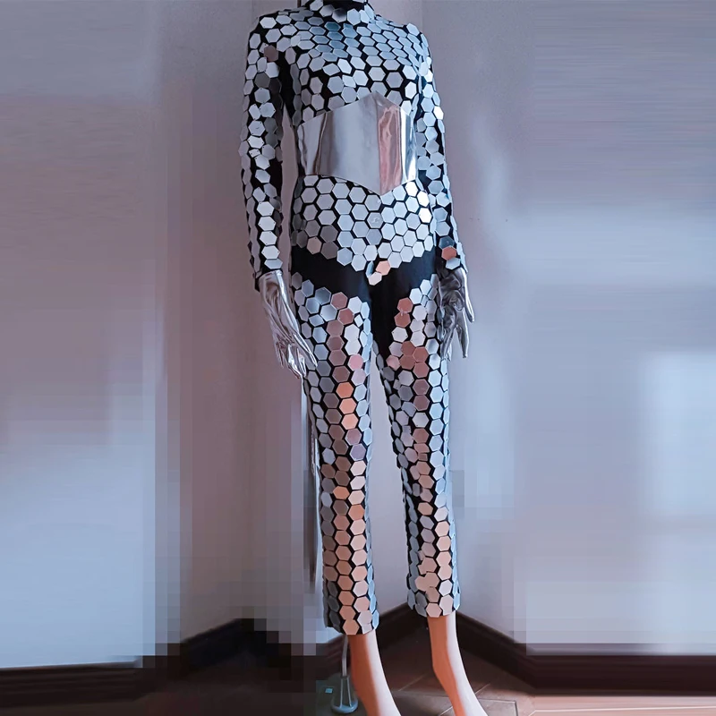 シルバーミラージャンプスーツ帽子男性女性ポールダンス衣装フルレンズジャズダンス衣装バーナイトクラブ DJ ステージ着用 XS9934