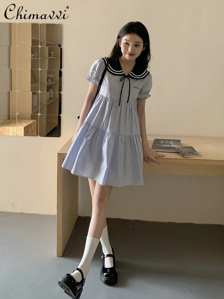 

Japanese Sweet Preppy Style Sailor Collar Lace-up Bow Puff Sleeve Single-breasted High Waist Slim A-line Blue Short Dress Women