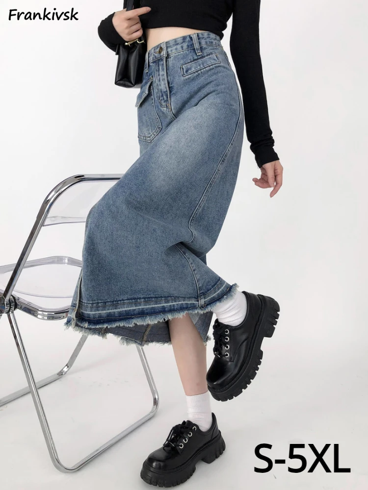 

Skirts Women Leisure Pockets Denim Fashion Korean Style S-5XL Simple Solid Slit Autumn Student A-line Empire Clothes Midi Faldas