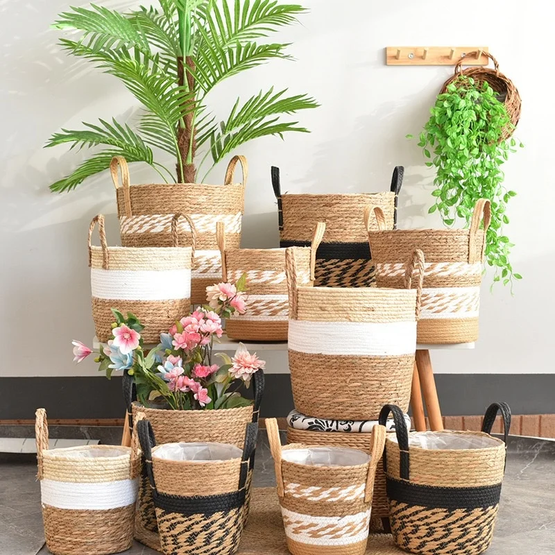 Fancy Wicker Planter Basket Natural Flower Pot Home Decor Garden Bamboo Seagrass Storage Baskets Toy Holders