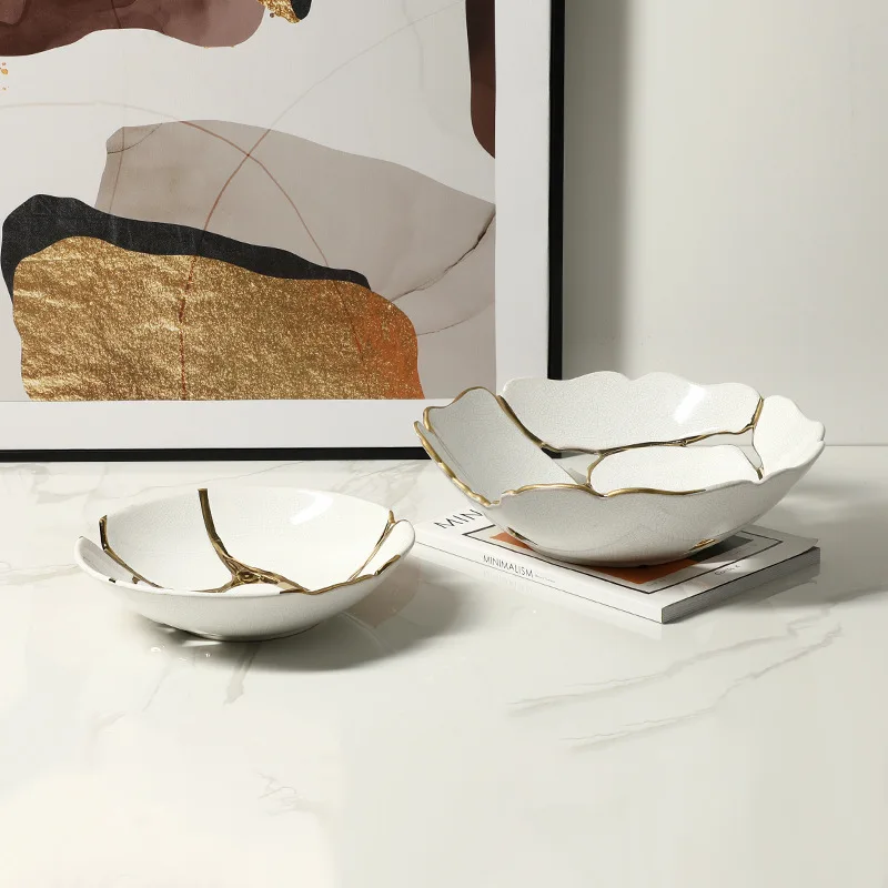 

Crack glaze gold line ceramic fruit pot exhibition hall villa coffee table dining table storage plate decorative ornament